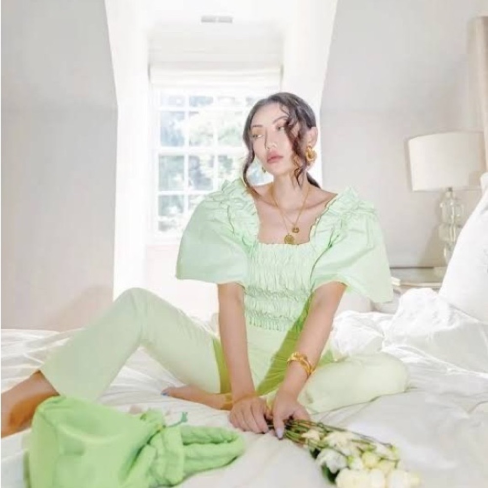 ZARA Lime Green Voluminous Poplin Ruched Crop Top - Picture 5 of 12
